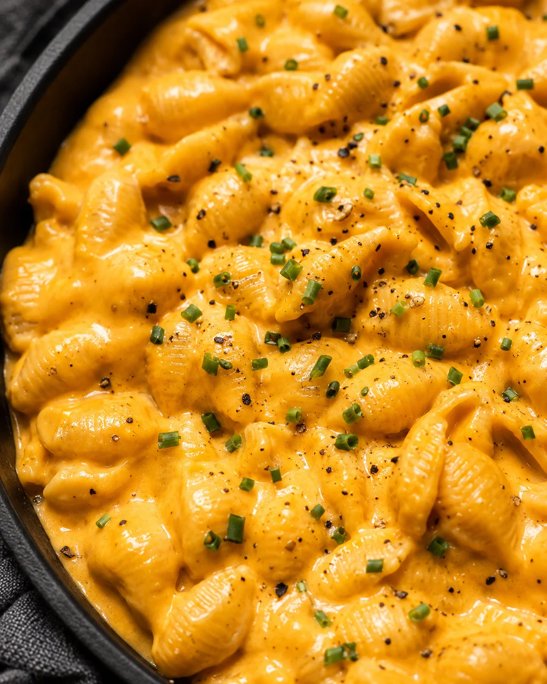 Close-up of creamy pumpkin mac and cheese garnished with chives and black pepper.