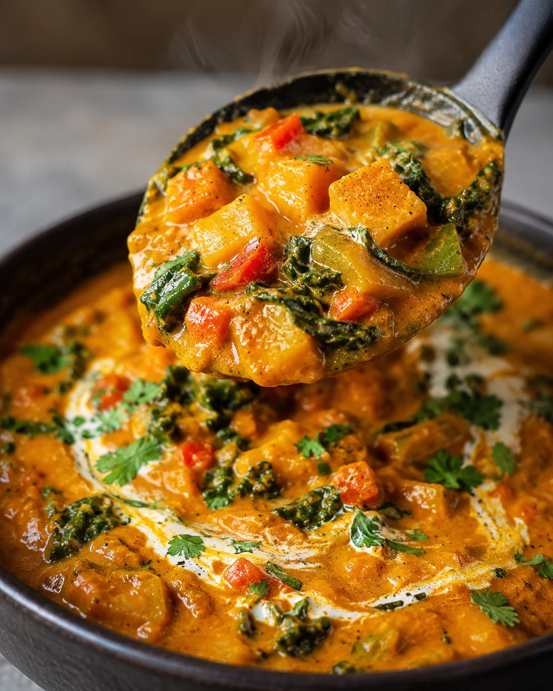 Creamy Indian-style pumpkin curry with vegetables and spices in a skillet