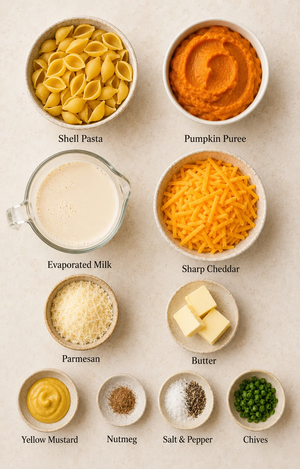 Assortment of ingredients for pumpkin mac and cheese including pasta, cheese, and pumpkin puree.