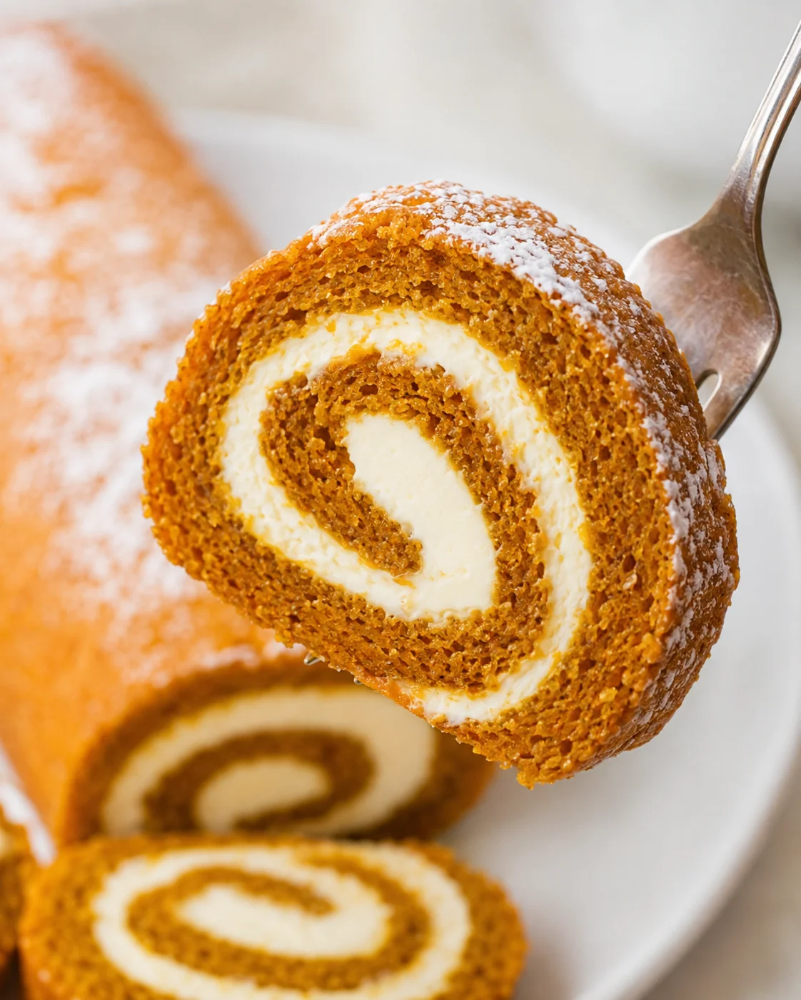 Close-up of a slice of pumpkin roll with cream cheese filling showing spiral layers.