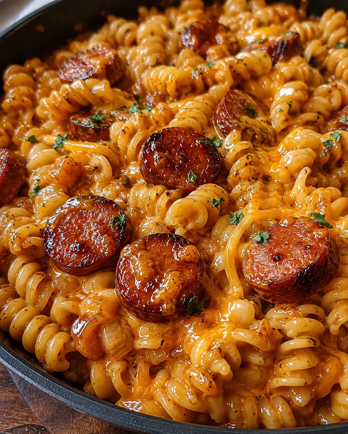 Close-up of hearty honey BBQ sausage pasta with smoky sausage slices
