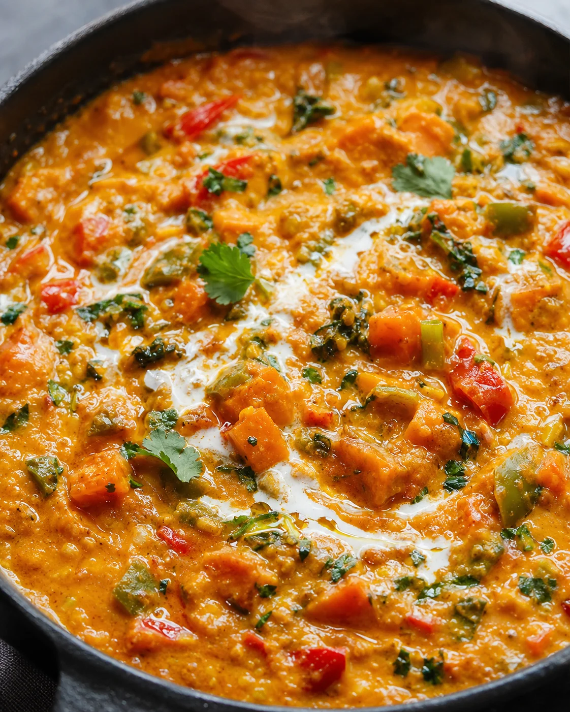 Creamy, spiced Indian pumpkin curry with vegetables in a skillet.