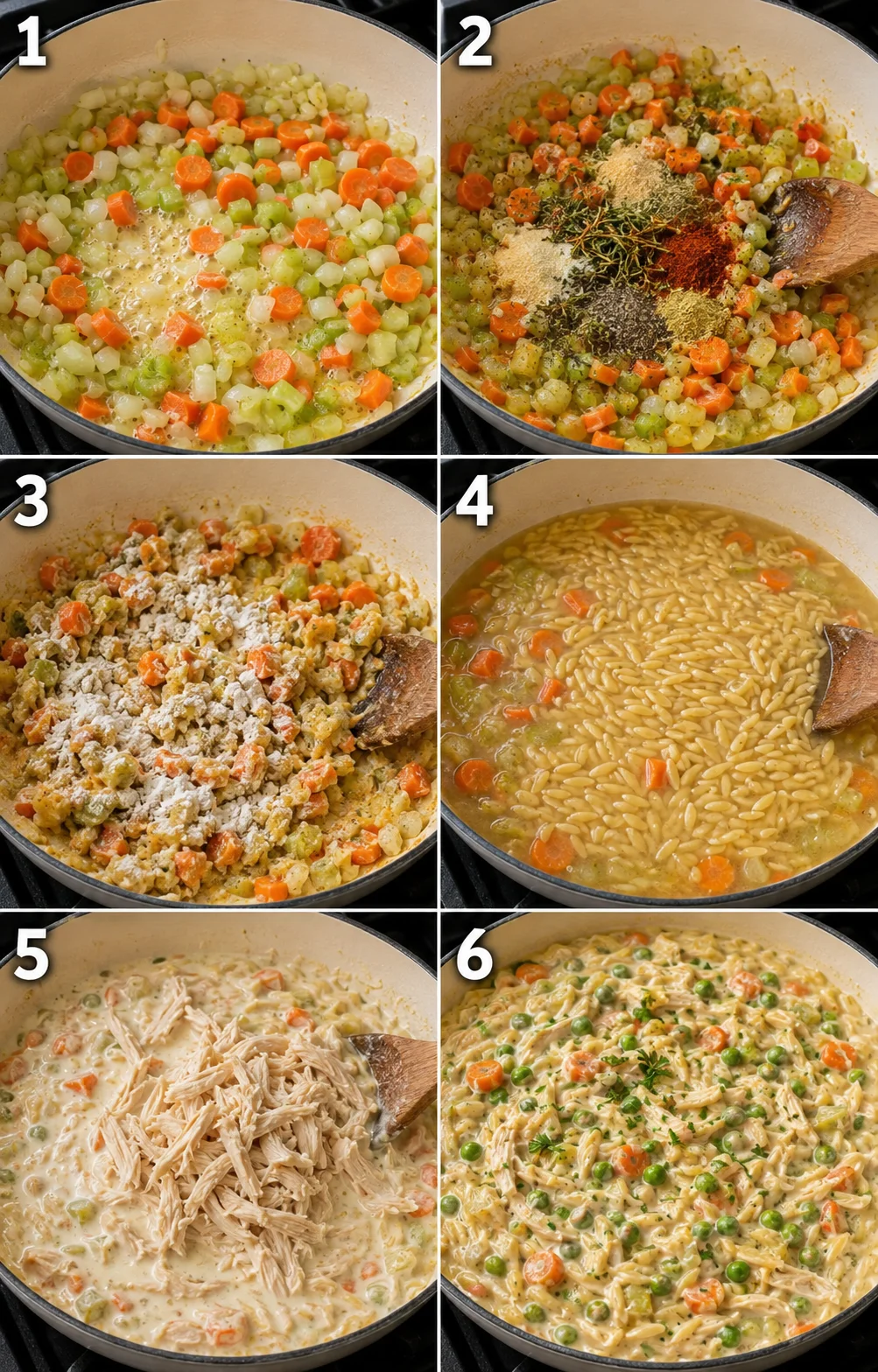 Step-by-step photos of making creamy chicken and vegetable orzo in a skillet.