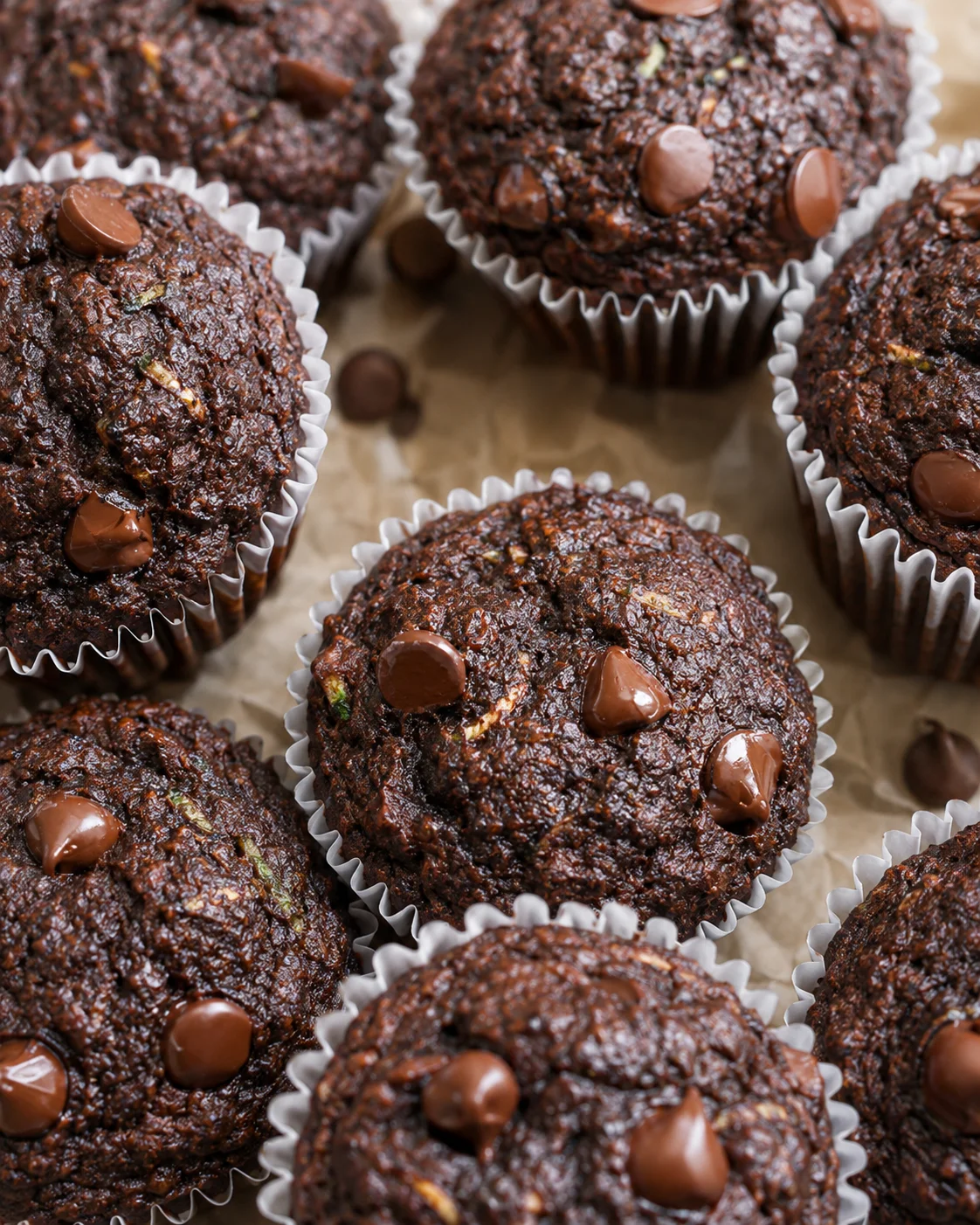 Moist chocolate zucchini muffins with chocolate chips in paper liners
