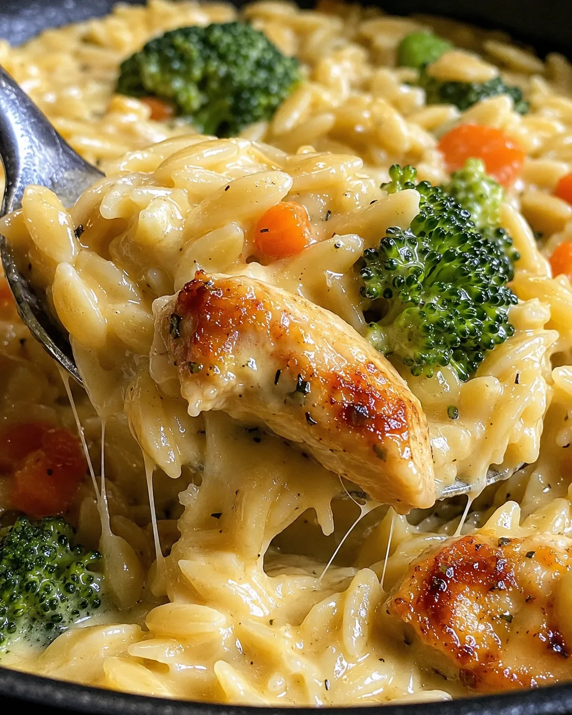 Creamy, cheesy chicken, broccoli, and orzo in a delicious skillet dish
