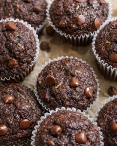 Moist chocolate zucchini muffins with chocolate chips in paper liners