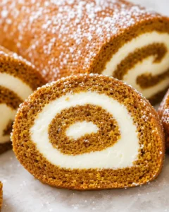 Close-up of a beautifully rolled pumpkin cake with cream cheese filling dusted with powdered sugar