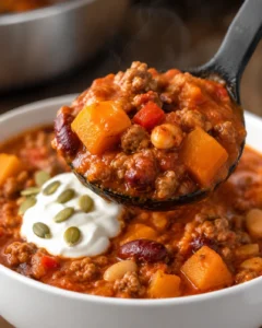 Close-up of a spoonful of warm pumpkin chili filled with beef and vegetables.