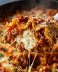 Close-up of cheesy skillet lasagna with melted cheese and sauce.