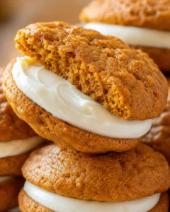 Close-up of a delicious pumpkin whoopie pie with cream filling.