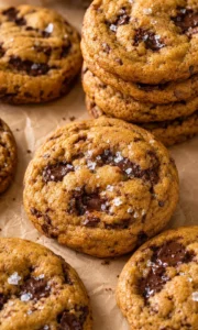 Close-up of soft, chewy pumpkin chocolate chip cookies with melted chocolate and sea salt