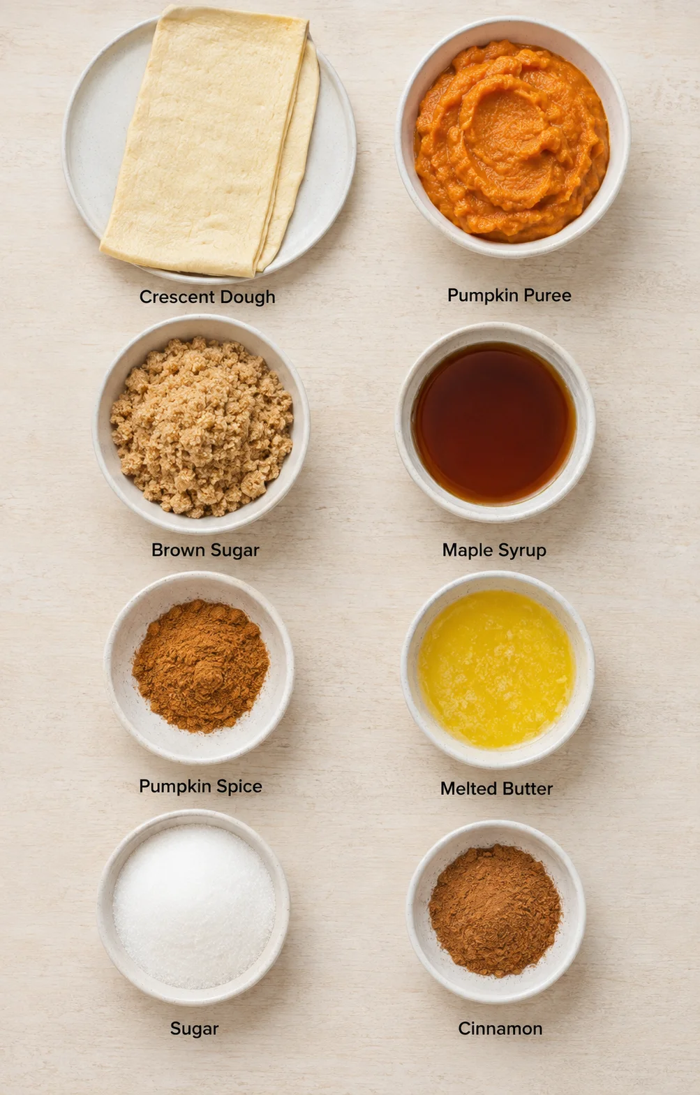 Prepared pumpkin pie twists with crescent dough and filling ingredients displayed