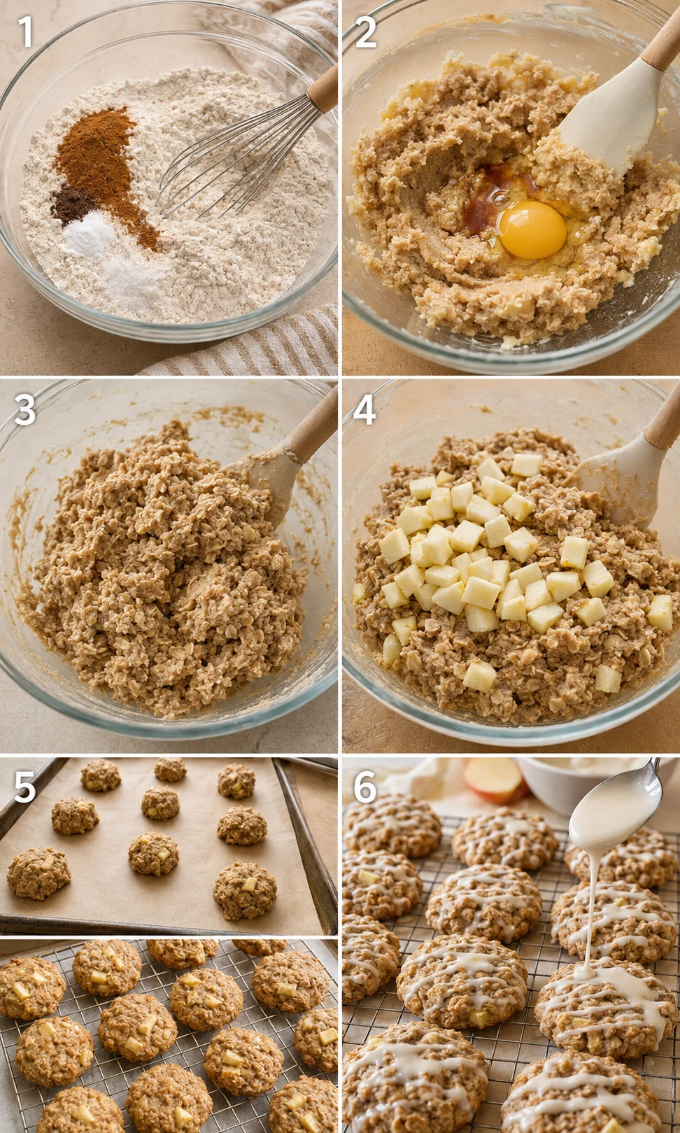 Step-by-step images of making apple cinnamon cookies with oats and maple glaze