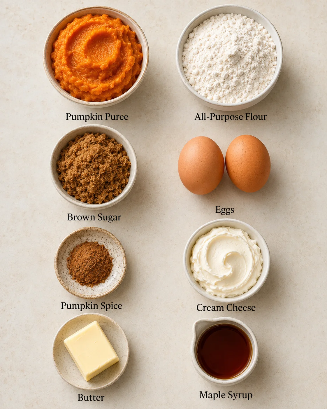 Assorted ingredients for pumpkin whoopie pies arranged on a light surface.