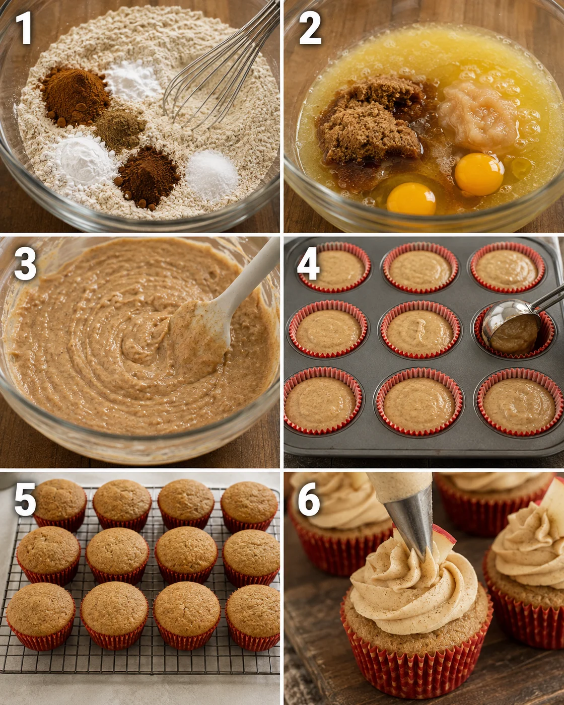 Delicious apple cider cupcakes topped with spiced buttercream frosting.