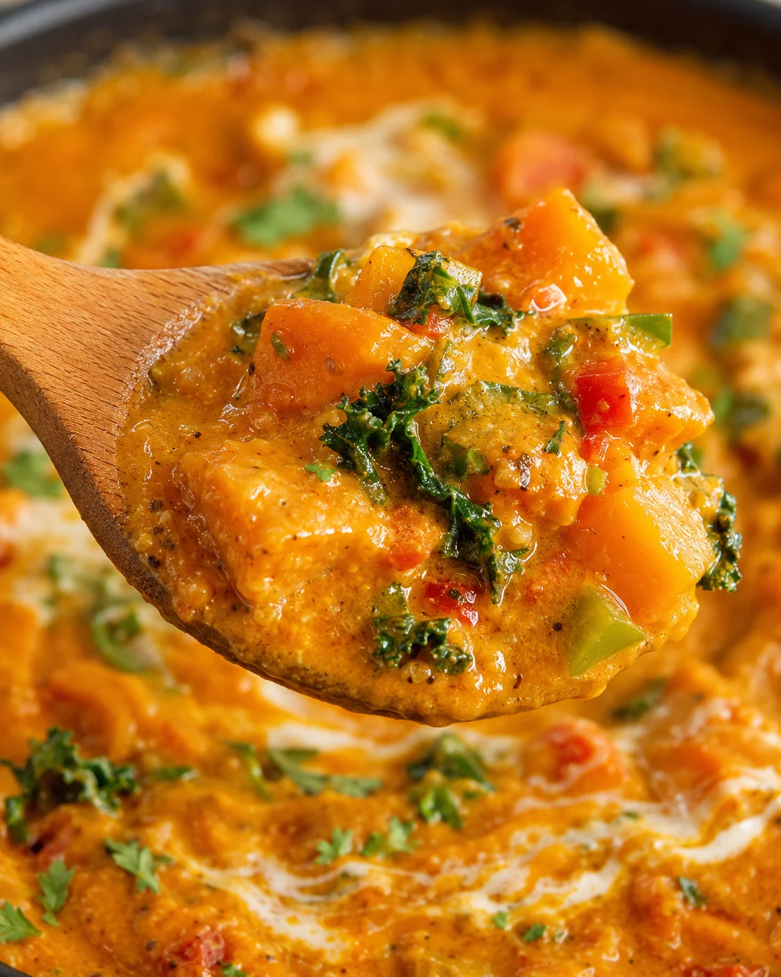 Creamy Indian pumpkin curry with vegetables and spices in a rich sauce