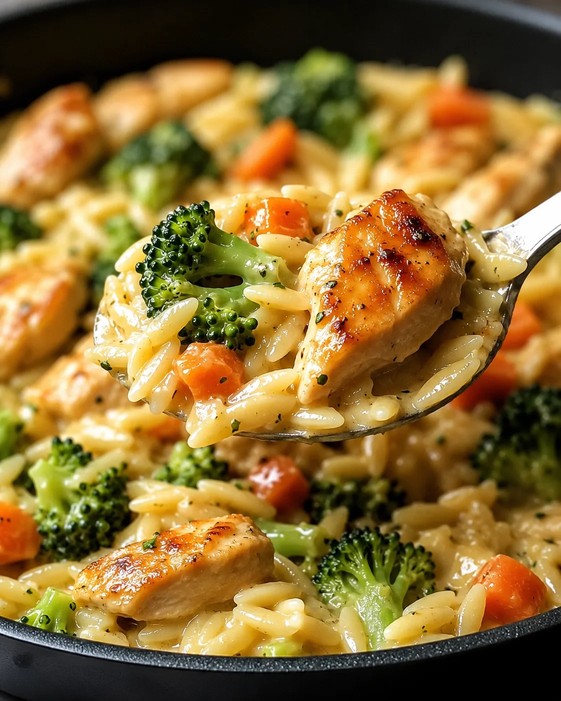 Cheesy Chicken and Broccoli Orzo Creamy chicken and broccoli orzo served in a skillet with melted cheese.