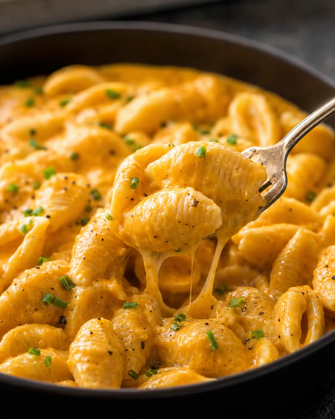 Creamy pumpkin mac and cheese with cheese sauce and pasta shells