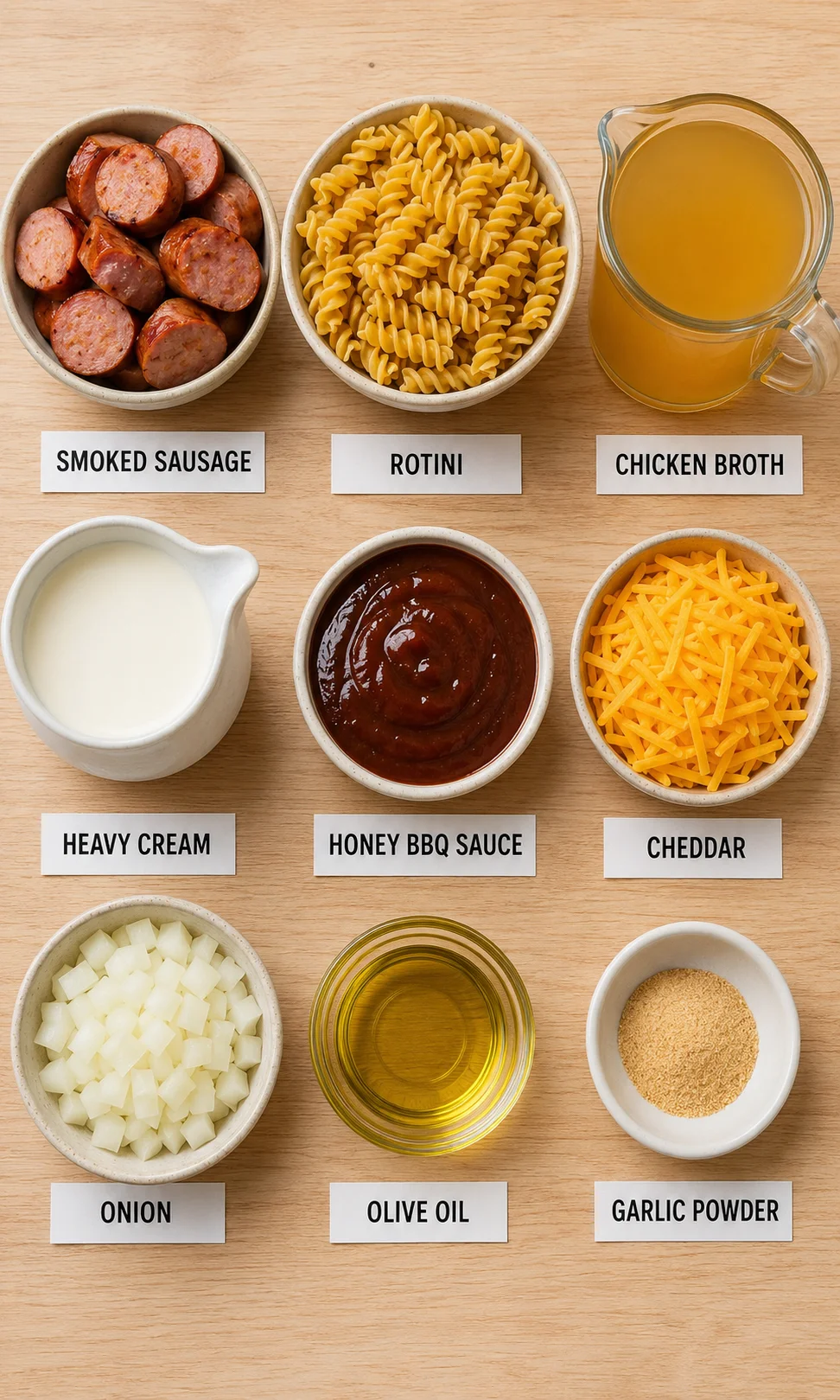 Ingredients for one-pot honey BBQ sausage pasta with cheese and onions