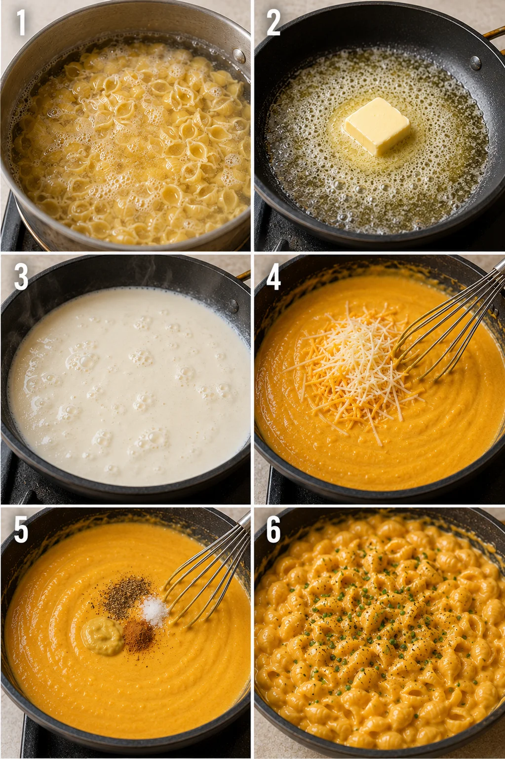 Six-step process showing cooking pasta, melting butter, making sauce, and combining ingredients.