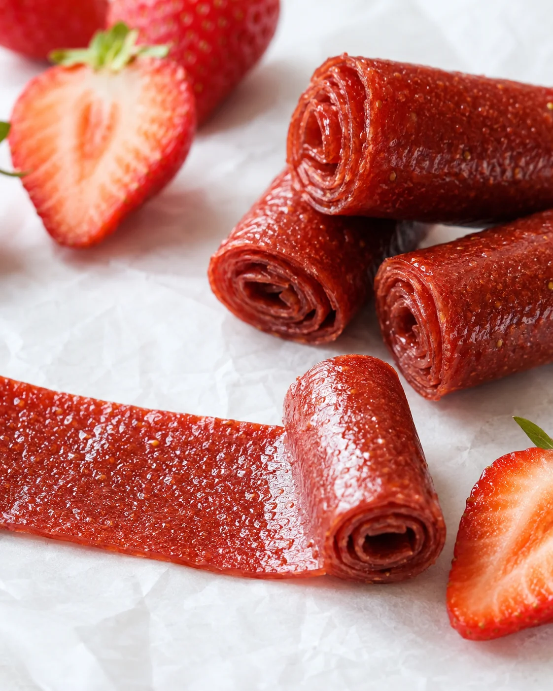Rolled strawberry fruit leather with fresh strawberries in the background