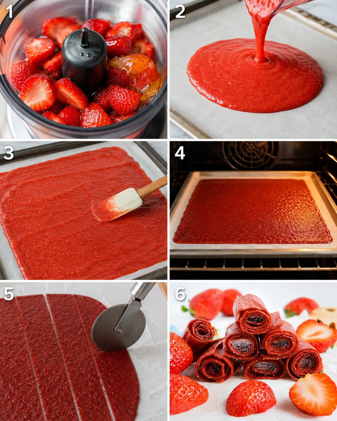 Step-by-step process of making healthy strawberry fruit roll-ups in the oven.