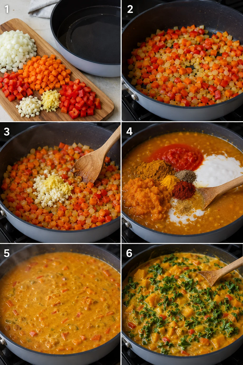 Step-by-step images showing preparing Indian pumpkin curry with vegetables and spices