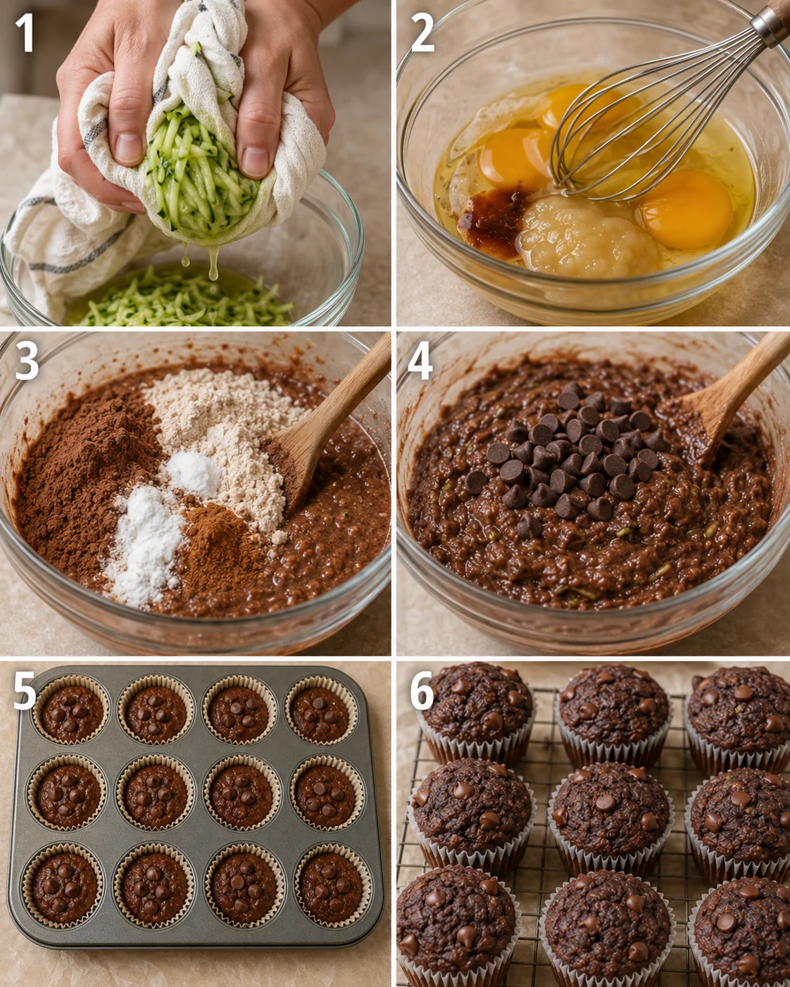 Baking chocolate zucchini muffins in a muffin tin with chocolate chips on top.