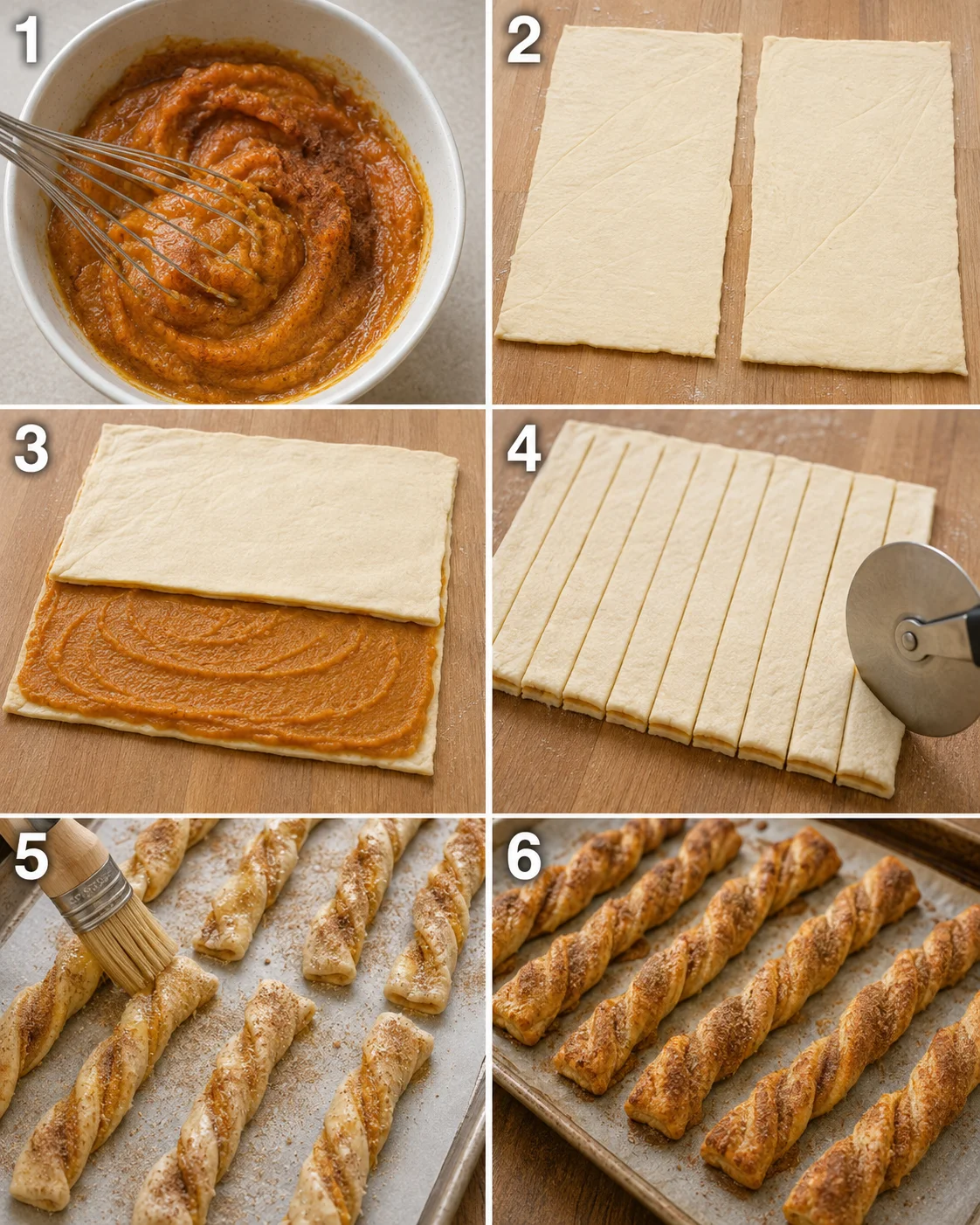 Step-by-step images of making easy pumpkin pie twists with crescent dough.