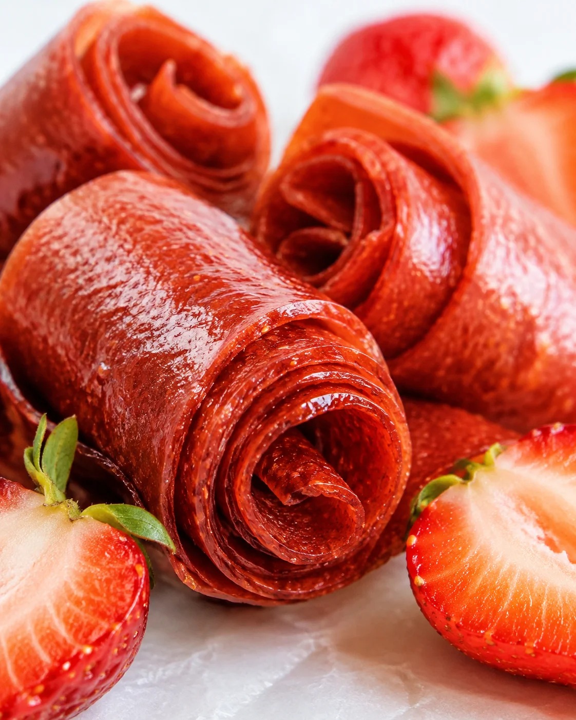 Close-up of rolled strawberry fruit snacks and fresh strawberries.