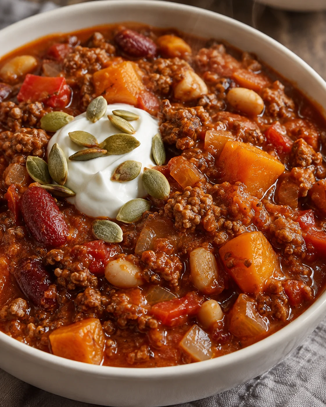 A bowl of pumpkin chili topped with sour cream and pumpkin seeds.