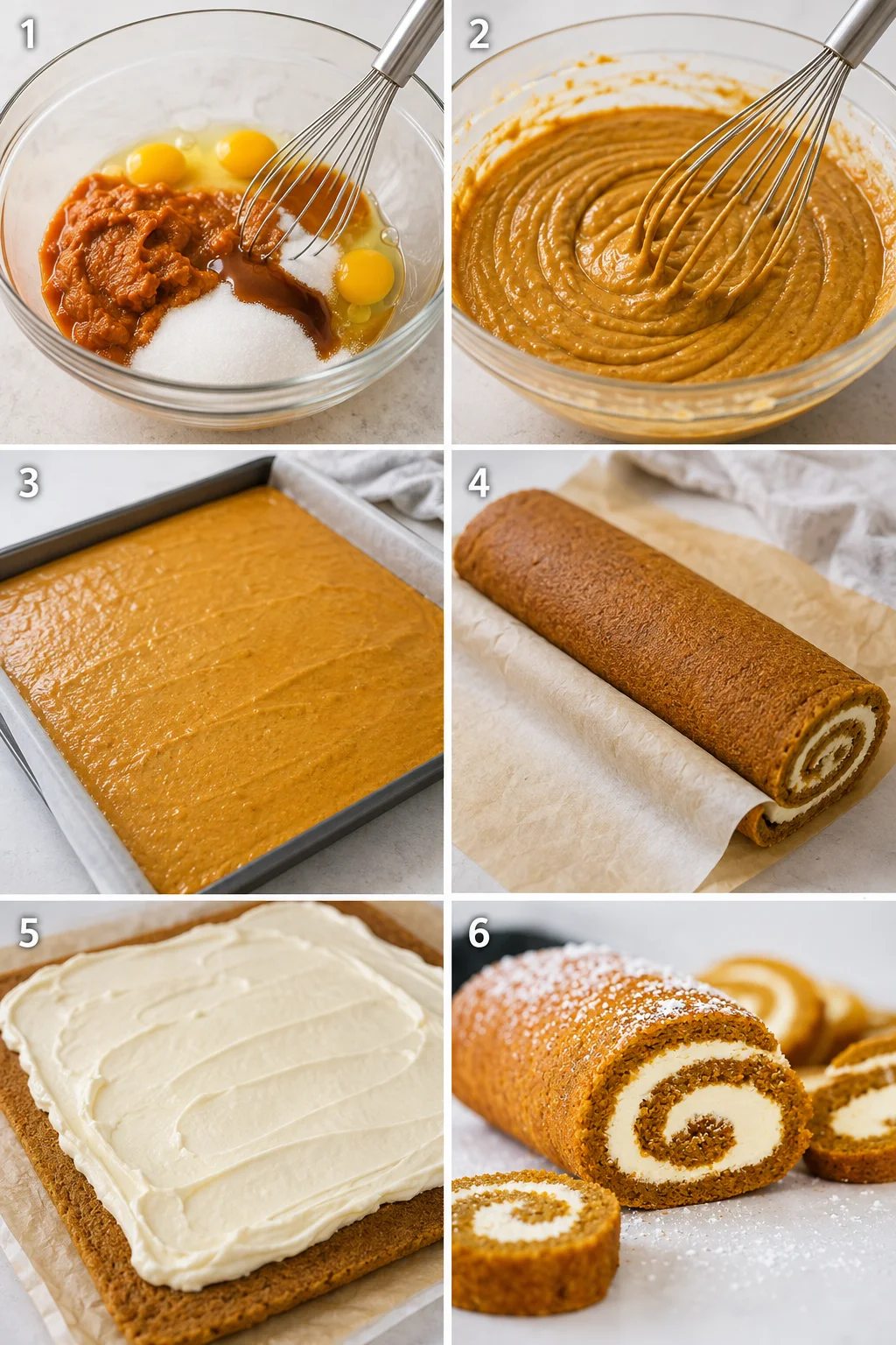 Image showing step-by-step pumpkin roll preparation and final slice.