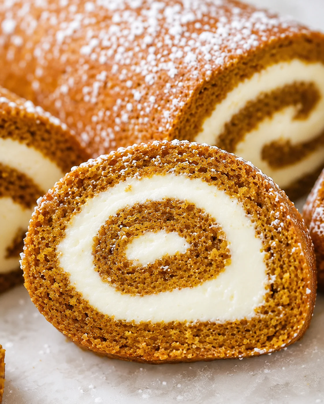 Close-up of a beautifully rolled pumpkin cake with cream cheese filling dusted with powdered sugar