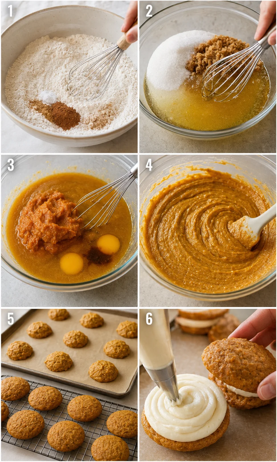 Step-by-step images showing mixing, filling, and decorating pumpkin whoopie pies.