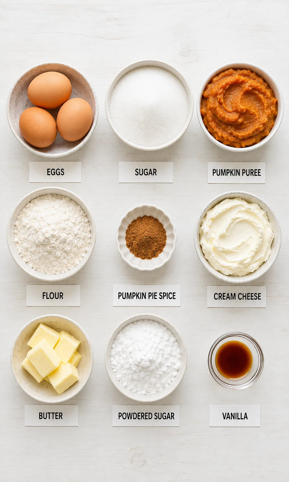 Ingredients for pumpkin rolls including eggs, sugar, pumpkin puree, and cream cheese.