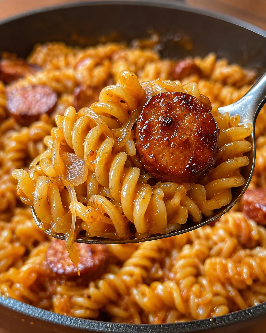 Close-up of pasta with smoky sausage and honey BBQ sauce in a pan