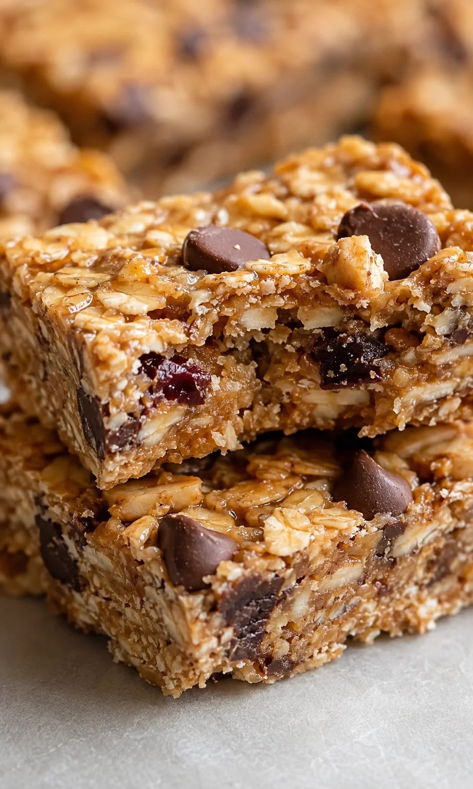 Homemade no bake granola bars with oats, chocolate chips, and nuts.