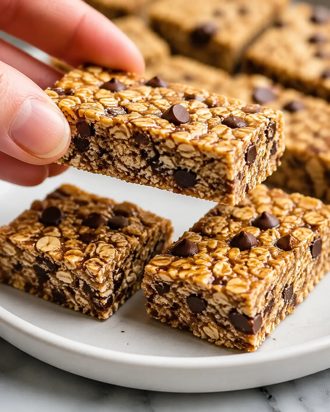 Homemade no bake granola bars topped with chocolate chips on a white plate.