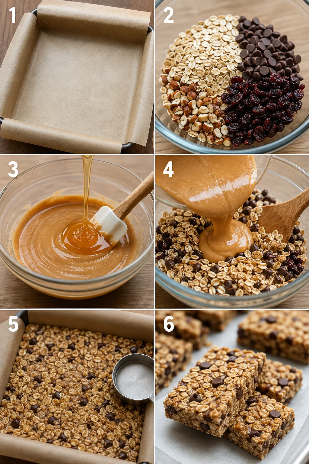 Step-by-step images of making easy no bake granola bars with assorted ingredients.
