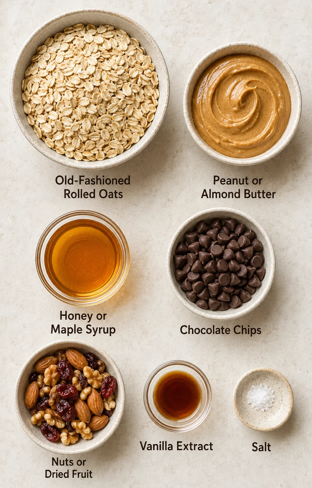 Assorted ingredients for making no bake granola bars on a neutral surface.