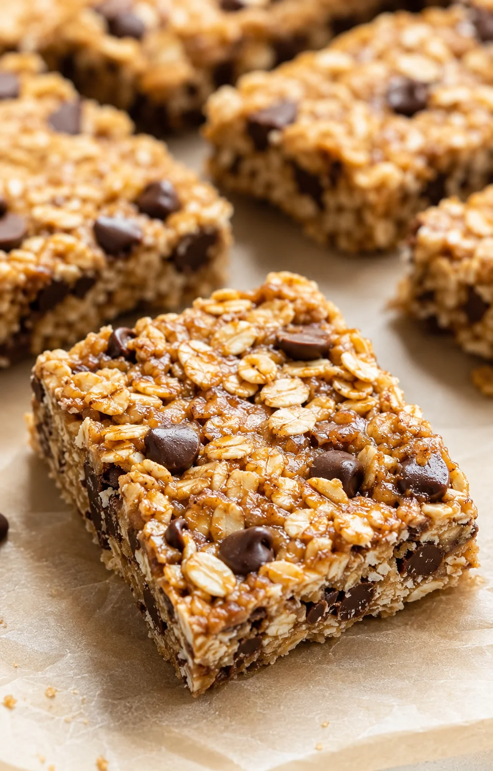 Homemade granola bars with oats, chocolate chips, and nuts on parchment paper.