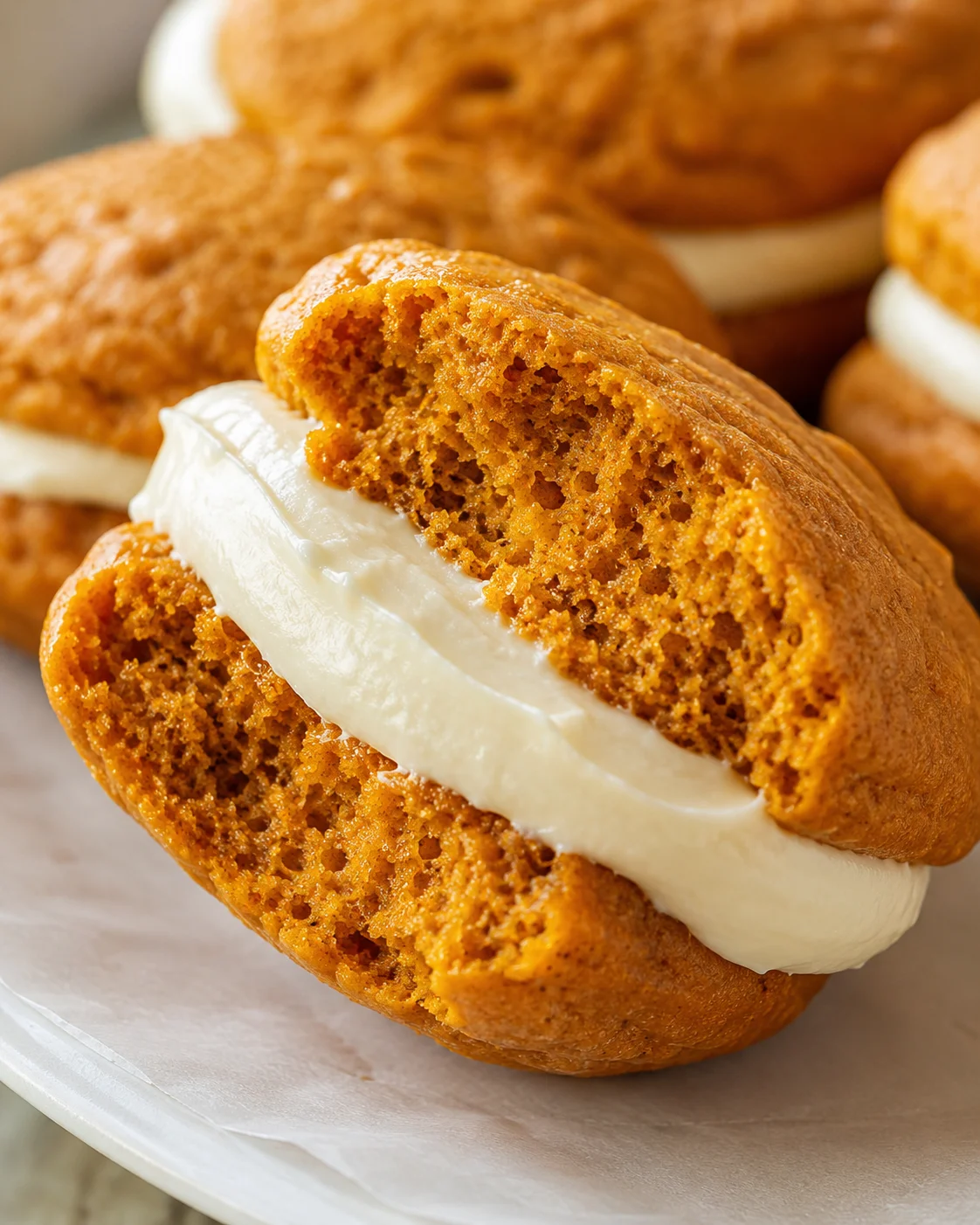 Close-up of a spiced pumpkin whoopie pie with cream filling