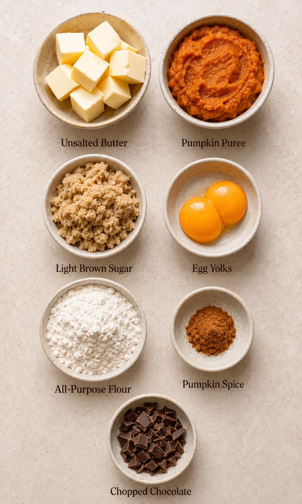 Bowl of chopped chocolate, pumpkin puree, and baking ingredients for cookies