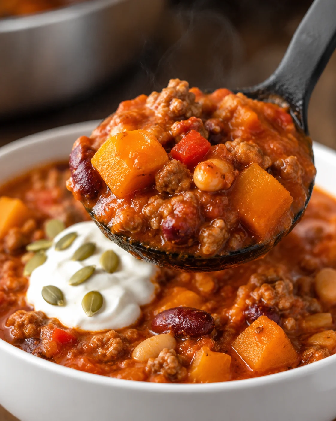Hearty Pumpkin Chili Recipe Close-up of a spoonful of warm pumpkin chili filled with beef and vegetables.