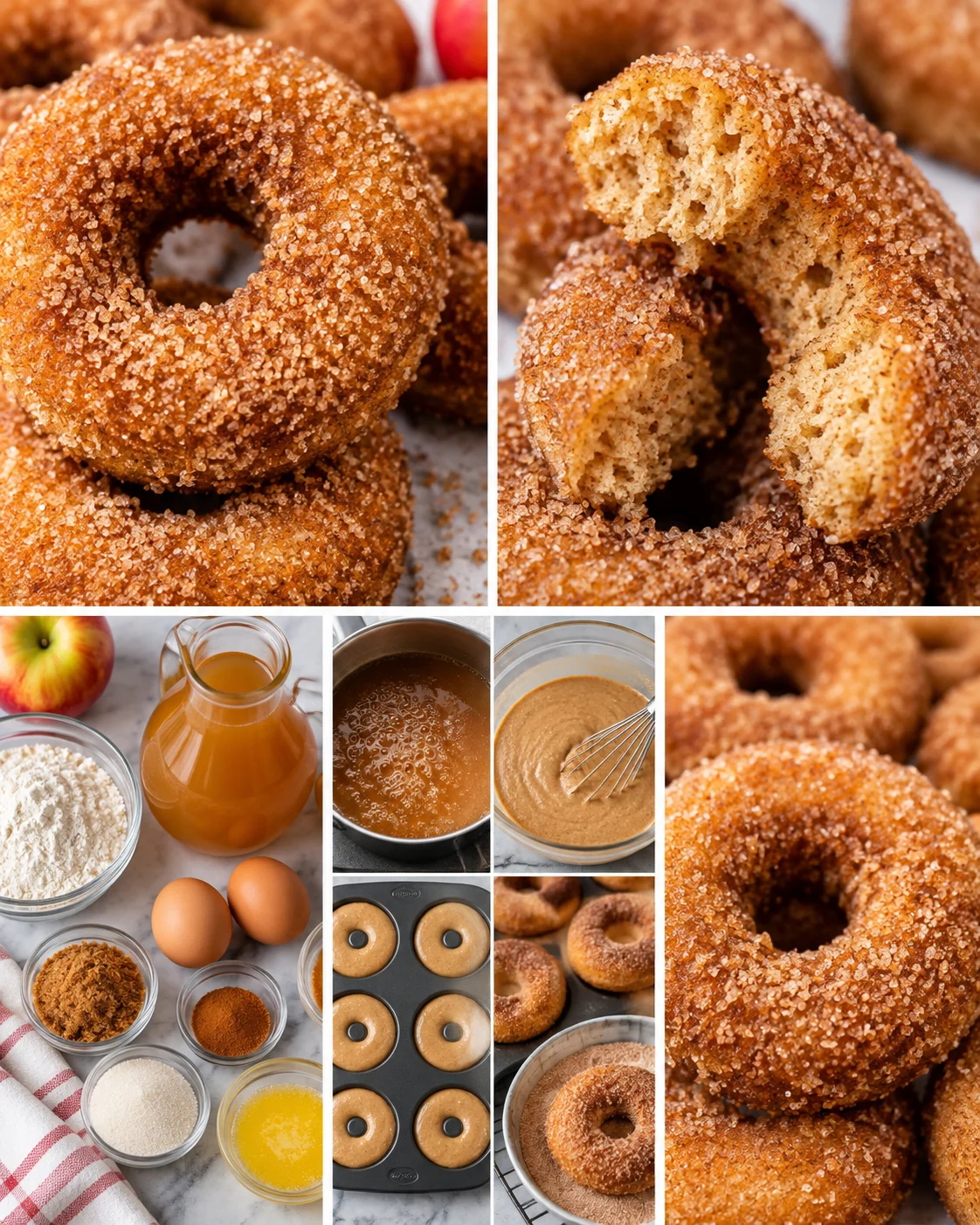 Alternate close-up of a baked apple cider donut split to show the inside