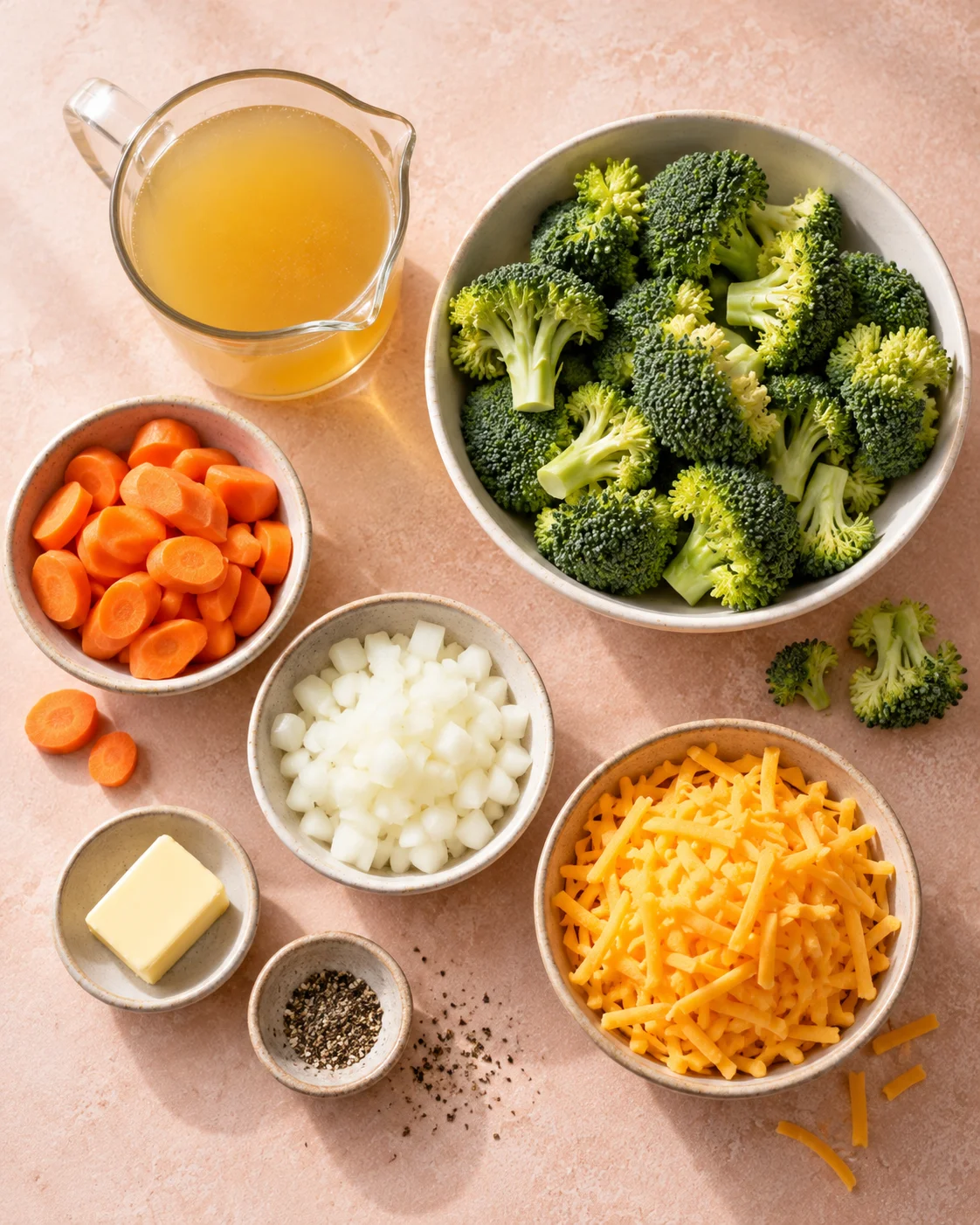 Top-down key ingredients for Best Broccoli Cheddar Soup Recipe