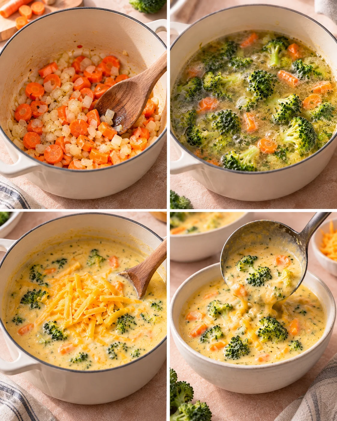 Four-step process showing how to prepare Best Broccoli Cheddar Soup Recipe