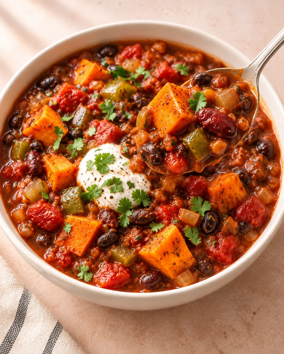 Alternate close-up serving of Crockpot Sweet Potato Chili Recipe