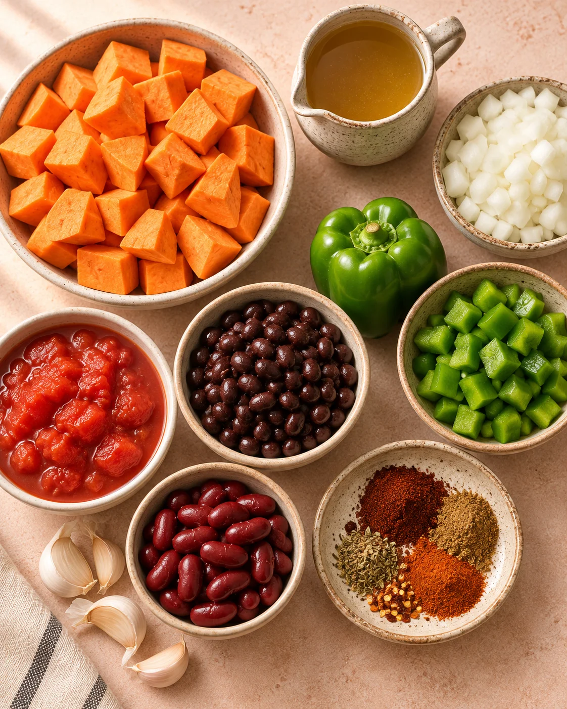 Top-down key ingredients for Crockpot Sweet Potato Chili Recipe