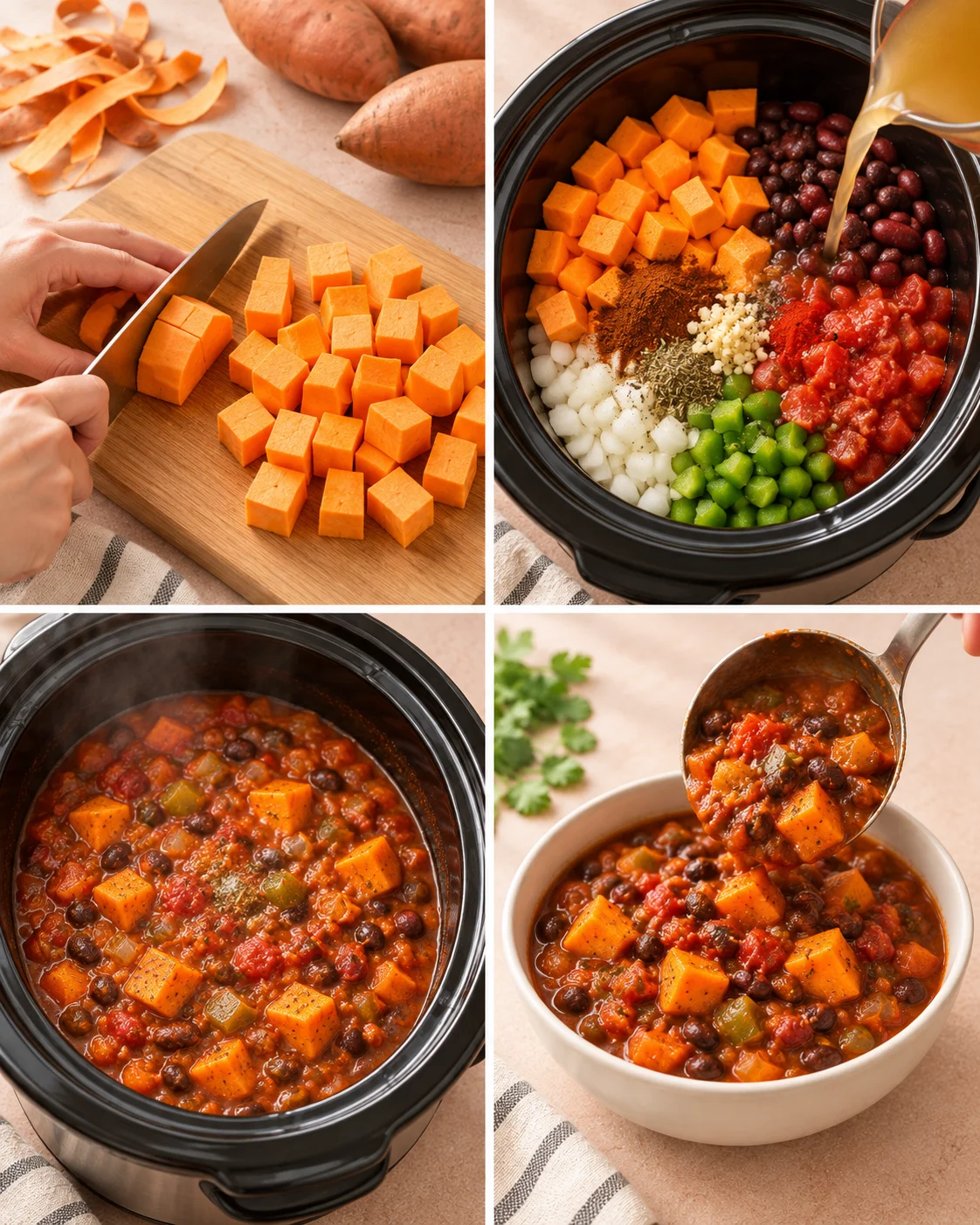 Four-step process showing how to prepare Crockpot Sweet Potato Chili Recipe